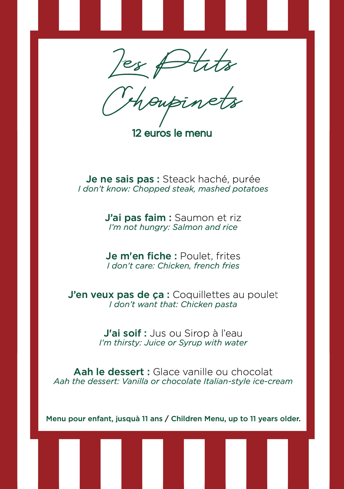 Carte menu enfant les ptits choupinet restaurant le Choupinet