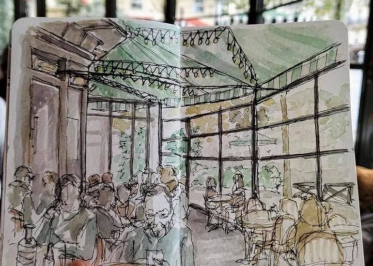Croquis d’un dessin représentant la brasserie et institution parisienne Le Choupinet.