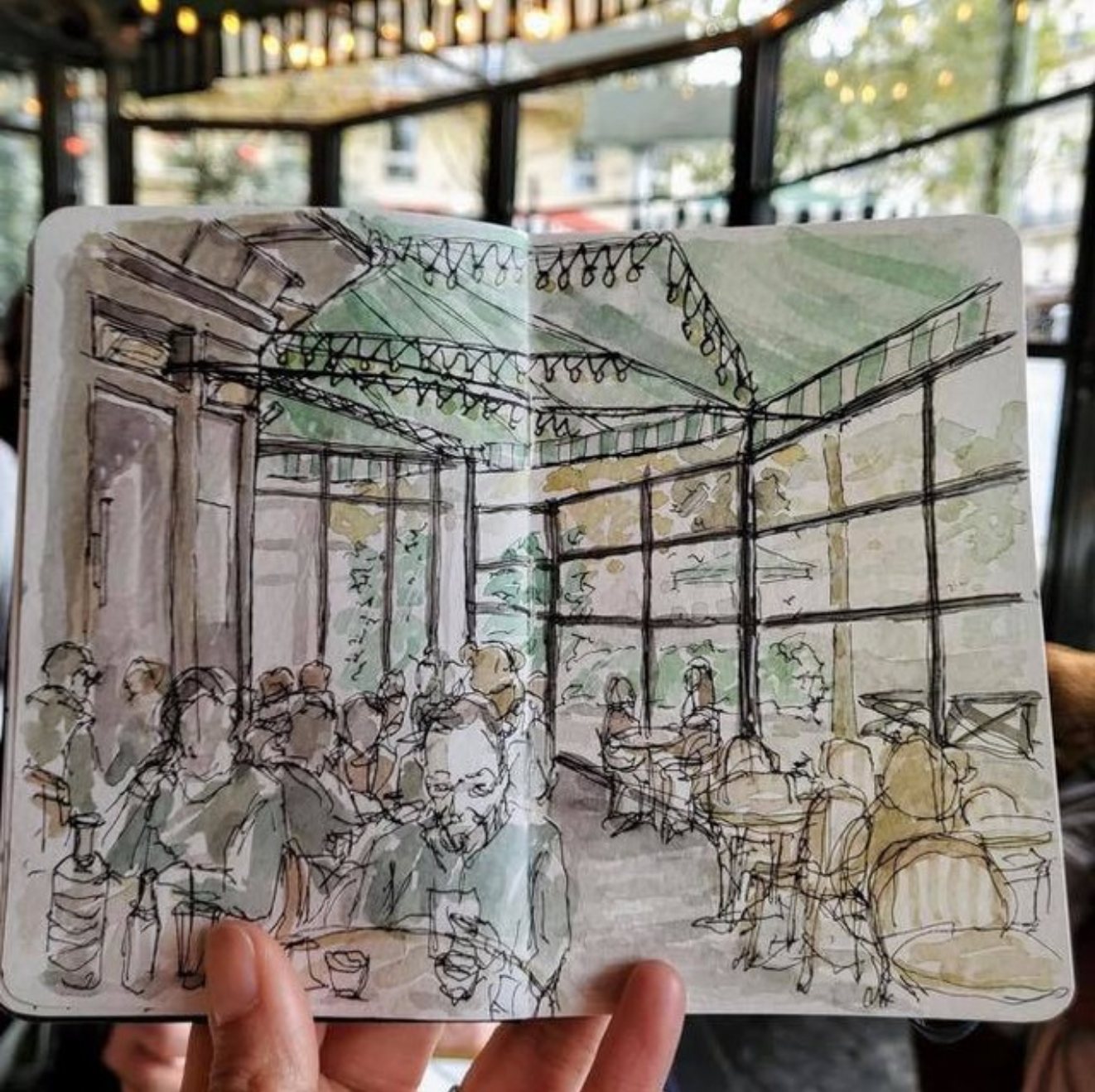 Croquis d’un dessin représentant la brasserie et institution parisienne Le Choupinet.