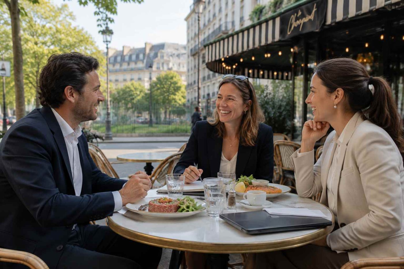 Trois professionnels en déjeuner d'affaires sur la terrasse du restaurant Le Choupinet près de la Sorbonne, autour d'un steak tartare, d'un saumon, d'un ordinateur portable et de cafés.