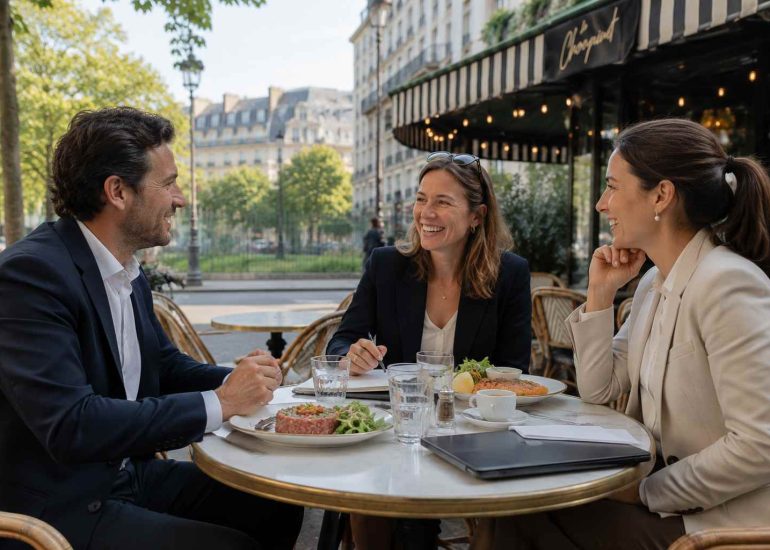 Trois professionnels en déjeuner d'affaires sur la terrasse du restaurant Le Choupinet près de la Sorbonne, autour d'un steak tartare, d'un saumon, d'un ordinateur portable et de cafés.